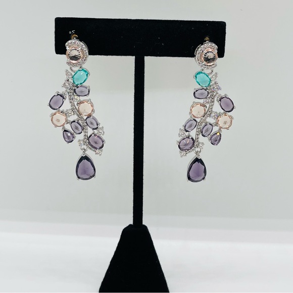 Cubic Zirconia Purple Green Drop Stud Earrings - Picture 2 of 8